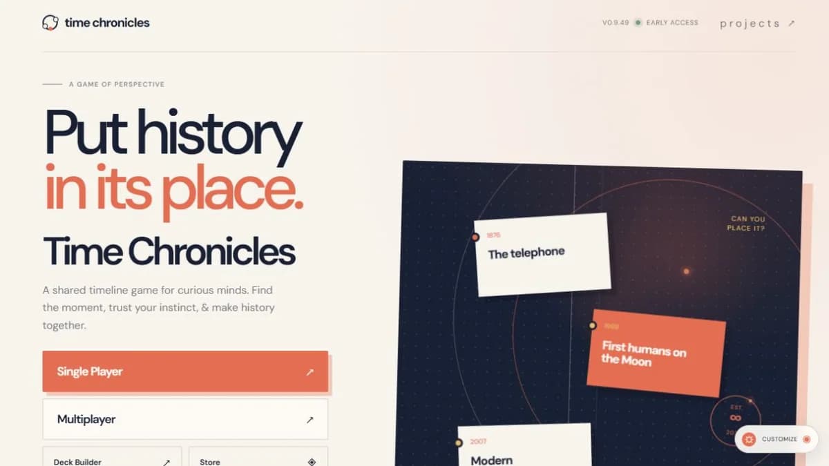 Time Chronicles home screen with history event cards arranged on a visual timeline